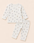 White baby two-piece set with teddy bear, train and toys print – front product view