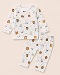White baby two-piece set with colorful wild animals print – front view