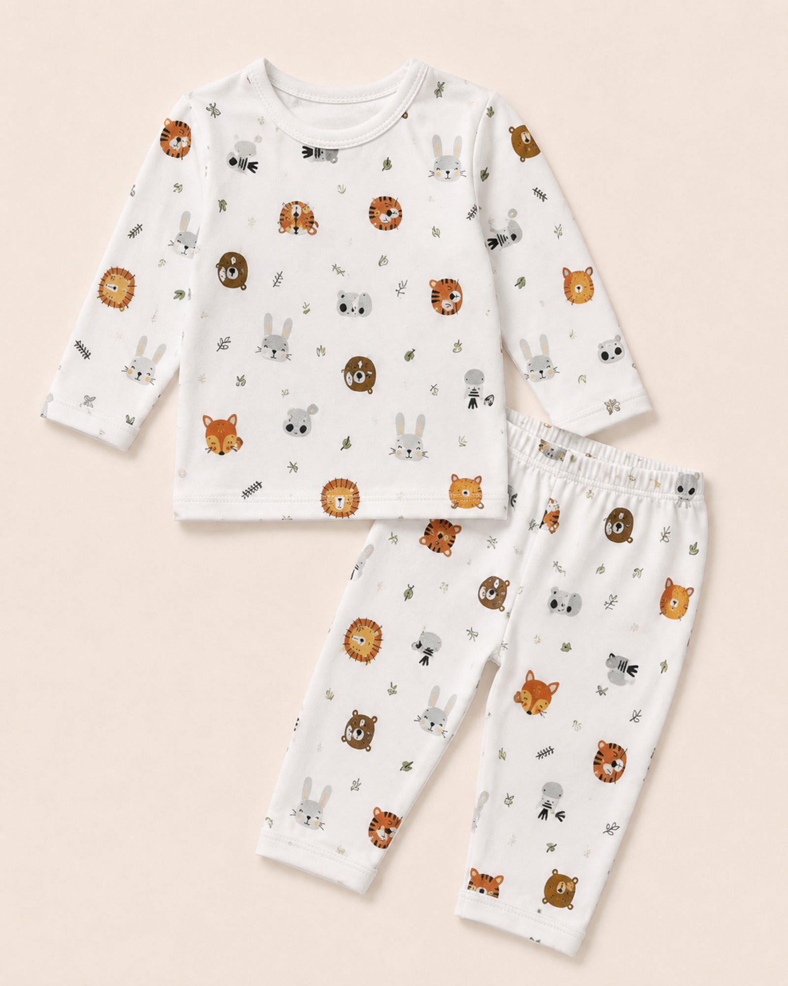White baby two-piece set with colorful wild animals print – front view