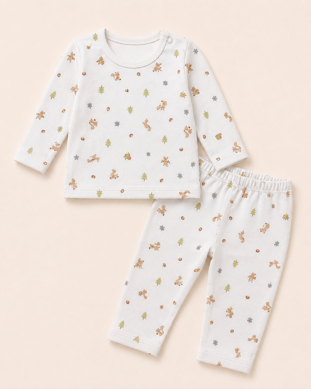 White baby two-piece set with squirrel woodland print – front view
