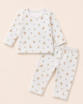 White baby two-piece set with squirrel woodland print – front view