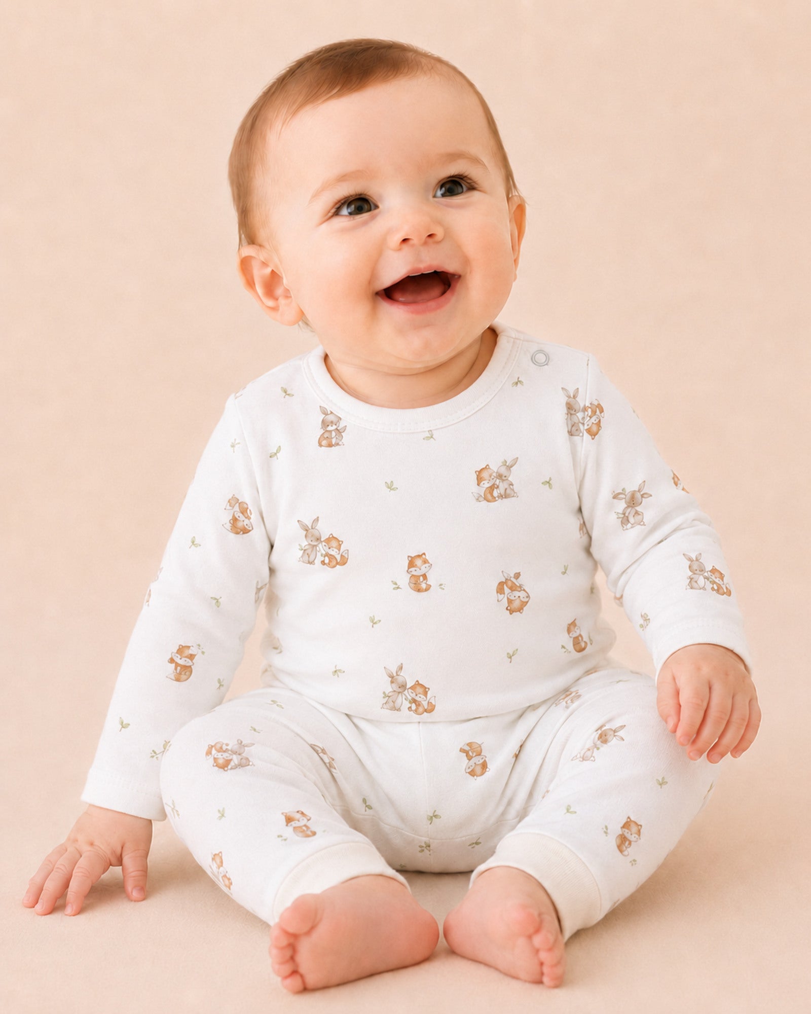 Baby wearing regenerated white fox-and-bunny two-piece set