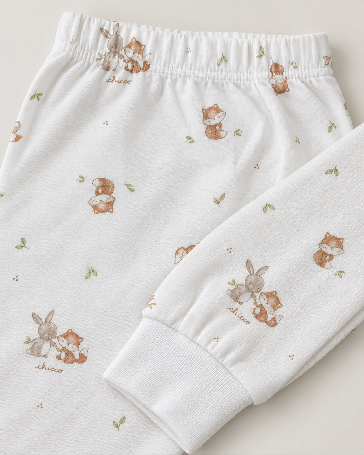 White fox and bunny woodland trousers elastic waistband and ankle cuff detail