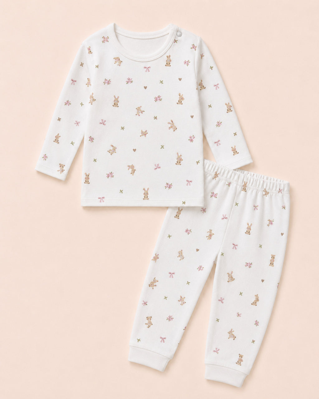 White bunny-print baby two-piece set – front view