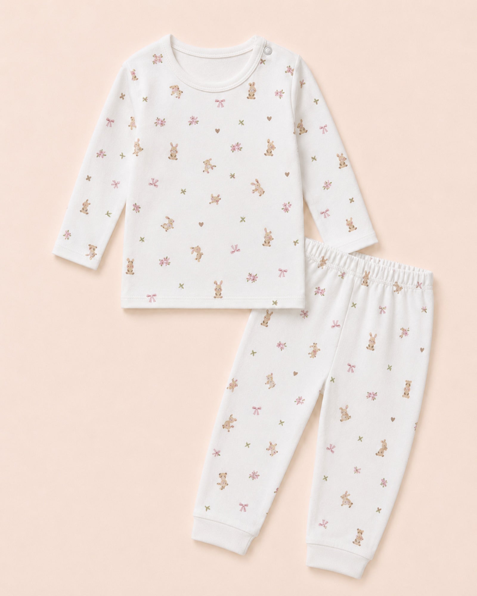 White bunny-print baby two-piece set – front view