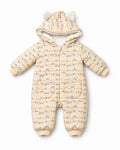 Cream hooded baby jumpsuit with owl print, front view with ribbed ankle cuffs and no feet