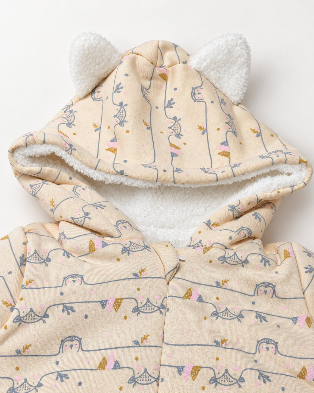 Cream baby jumpsuit, plush-lined hood with two little ears