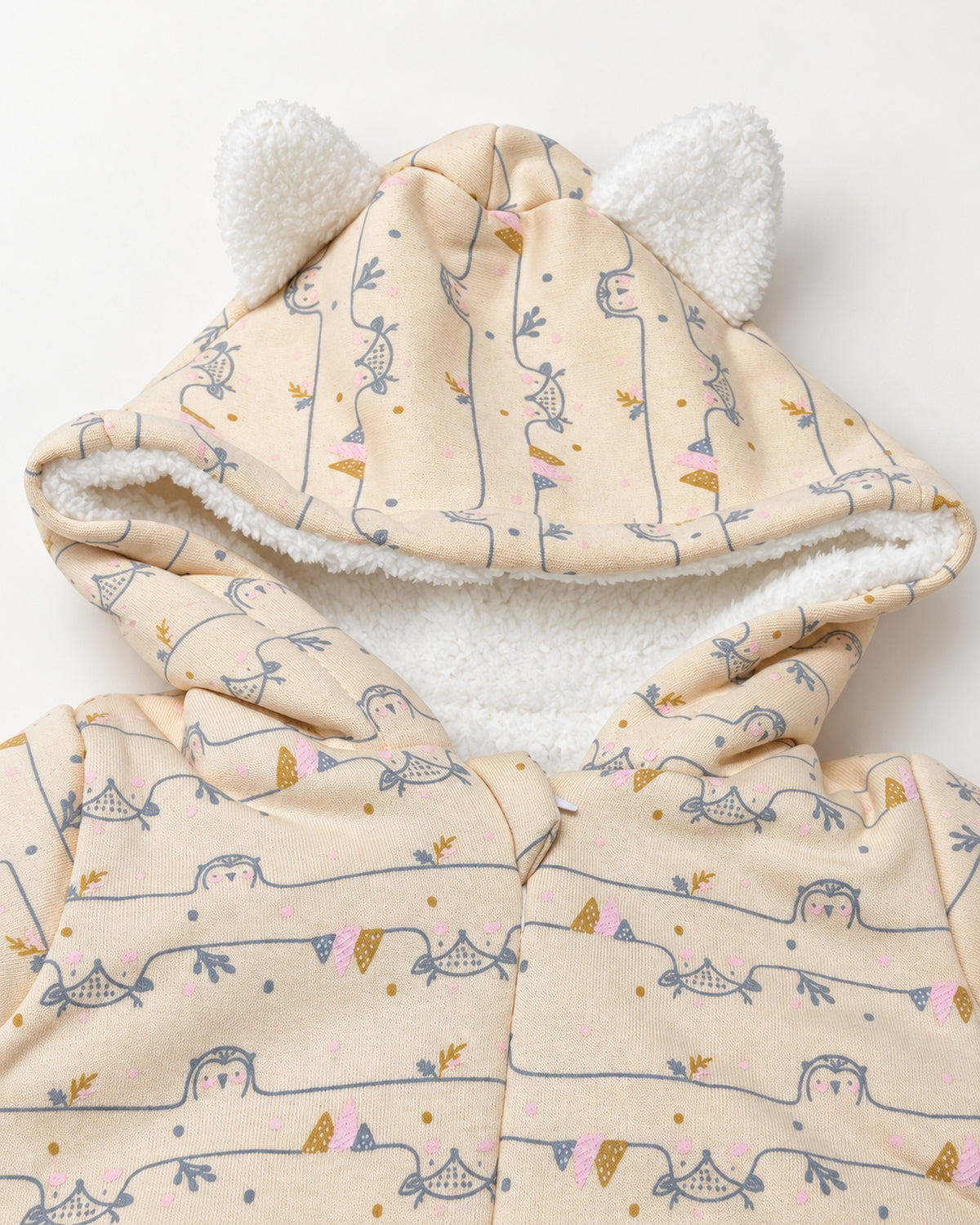 Cream baby jumpsuit, plush-lined hood with two little ears