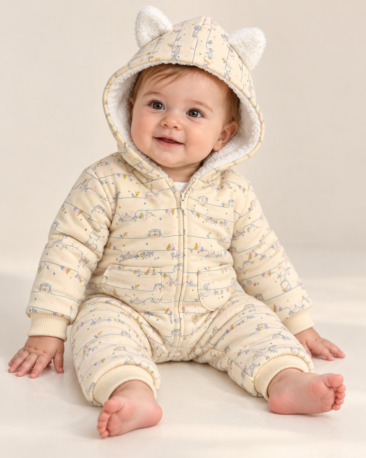 Baby wearing the cream hooded jumpsuit with the hood up