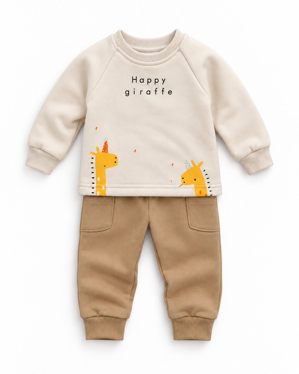 Cream and brown giraffe baby sweatshirt and trousers set, front view with open ankle cuffs for 3 to 12 months