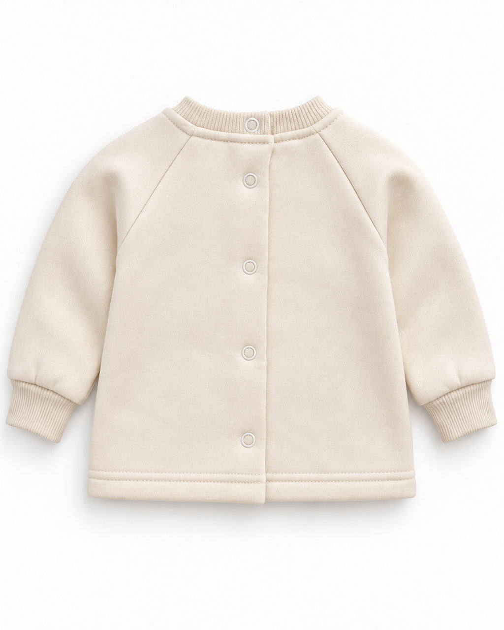 Cream giraffe baby sweatshirt, back view with five snap fasteners