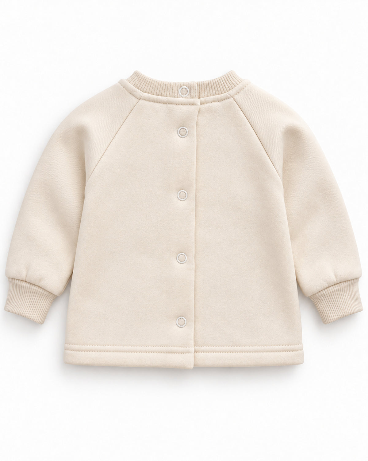Cream giraffe baby sweatshirt, back view with five snap fasteners