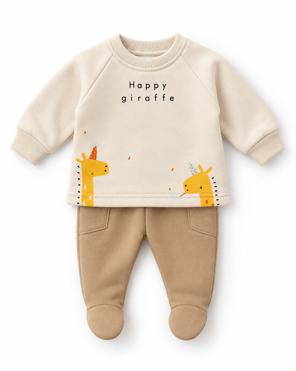 Cream and brown giraffe baby set, one-month size with footed trousers