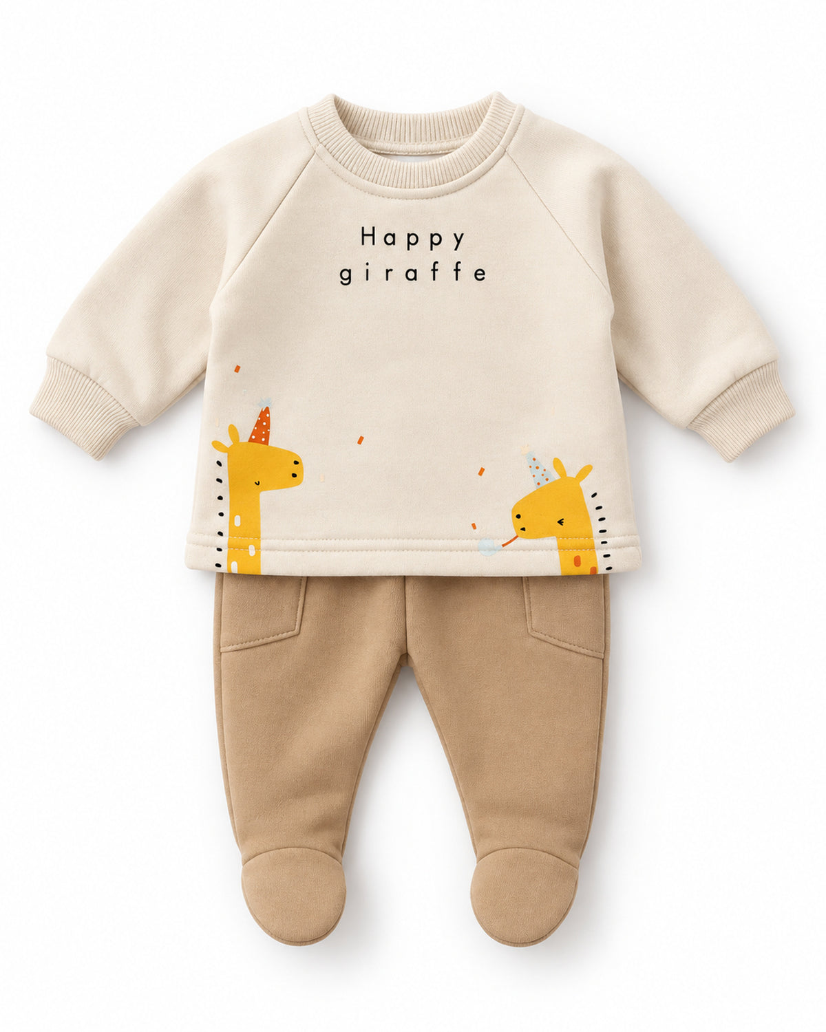 Cream and brown giraffe baby set, one-month size with footed trousers