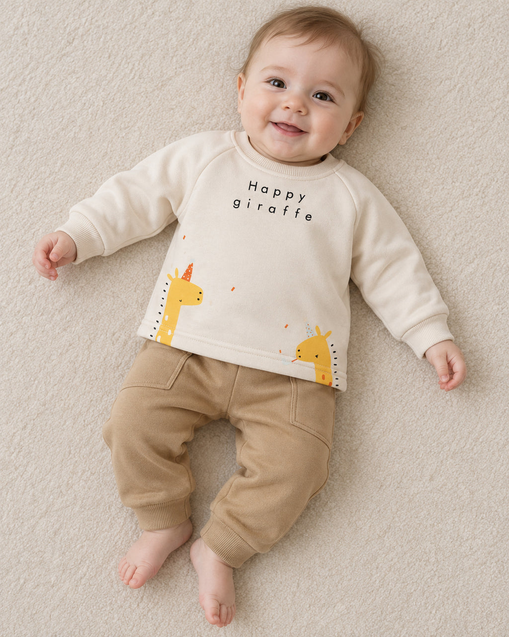 Cream and brown giraffe baby set worn by a baby model, open-cuff trousers