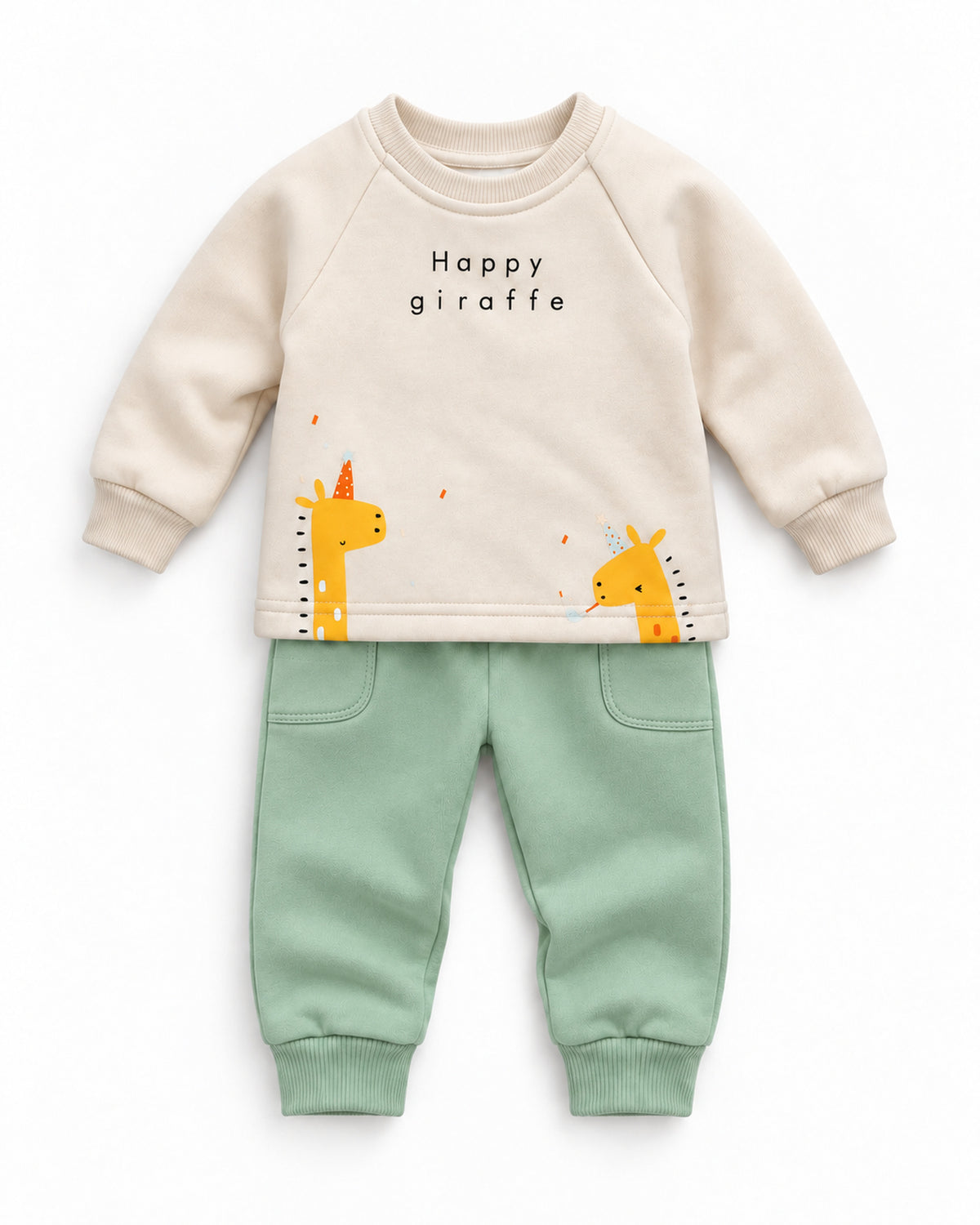 Cream and mint giraffe baby sweatshirt and trousers set, front view with open ankle cuffs for 3 to 12 months