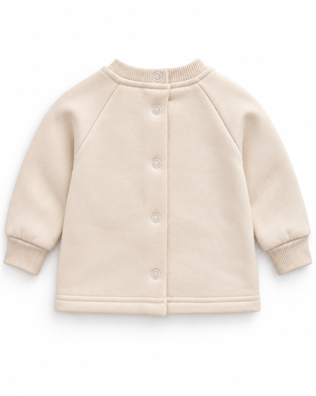 Cream giraffe baby sweatshirt, back view with five snap fasteners