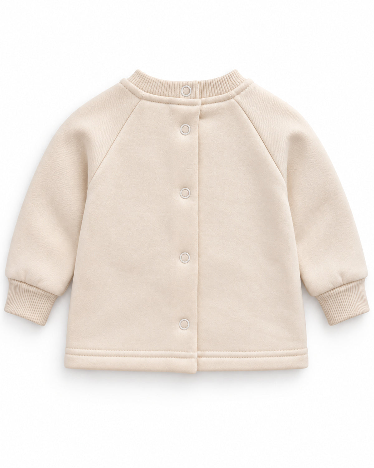 Cream giraffe baby sweatshirt, back view with five snap fasteners