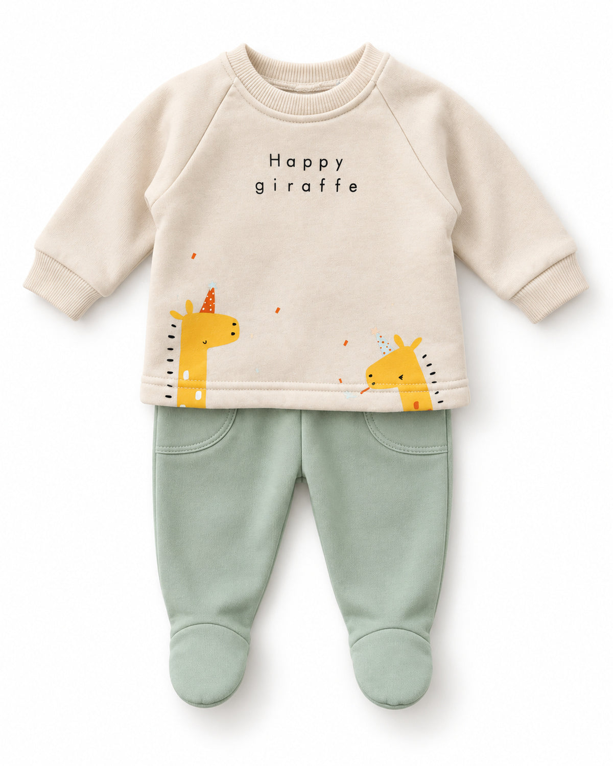 Cream and mint giraffe baby set, one month size with footed trousers