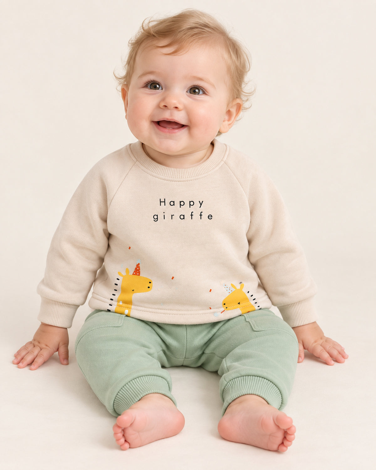 Cream and mint giraffe baby set worn by a baby model, open cuff trousers