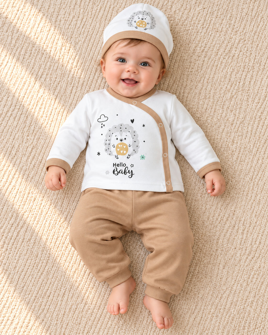 Baby Dream coffee hedgehog baby set, baby wearing the complete set