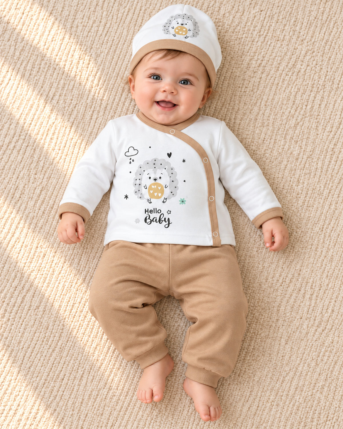 Baby Dream coffee hedgehog baby set, baby wearing the complete set