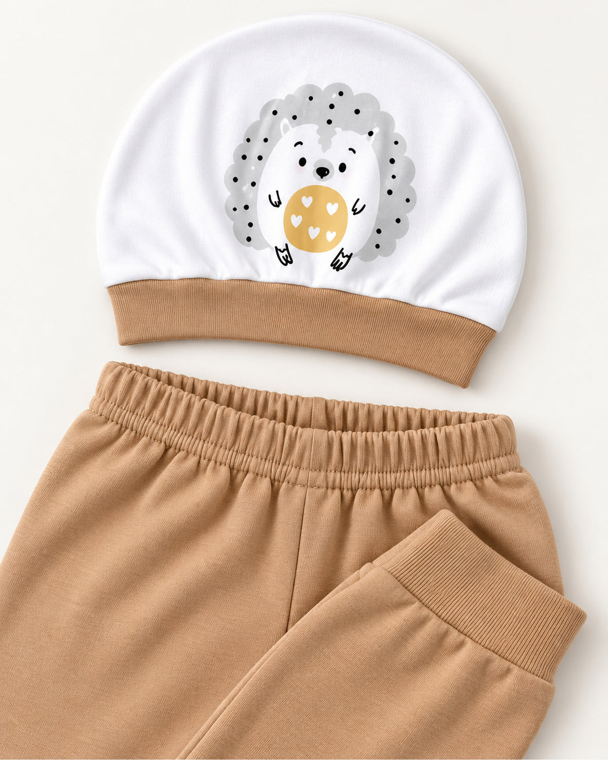 Coffee baby set hedgehog hat and matching trousers waistband and ankle cuff detail
