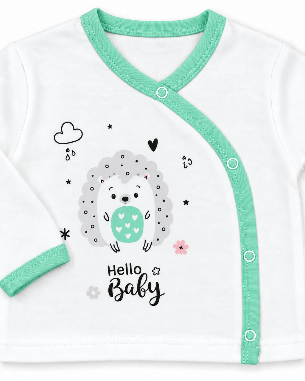 Baby Dream pistachio hedgehog baby set, wrap top, hedgehog print and snap detail