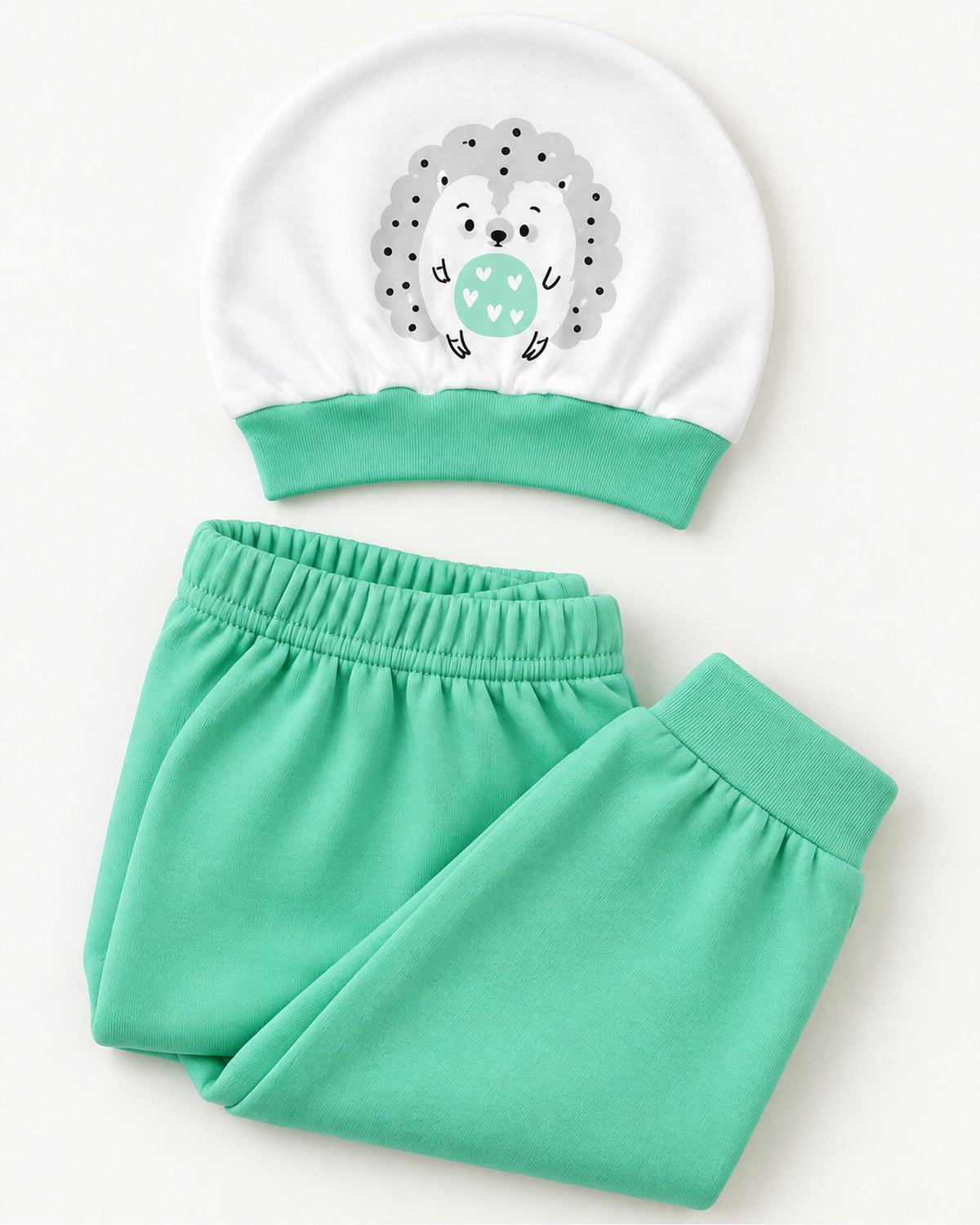 Pistachio baby set hedgehog hat and matching trousers elastic waist and ankle cuff detail