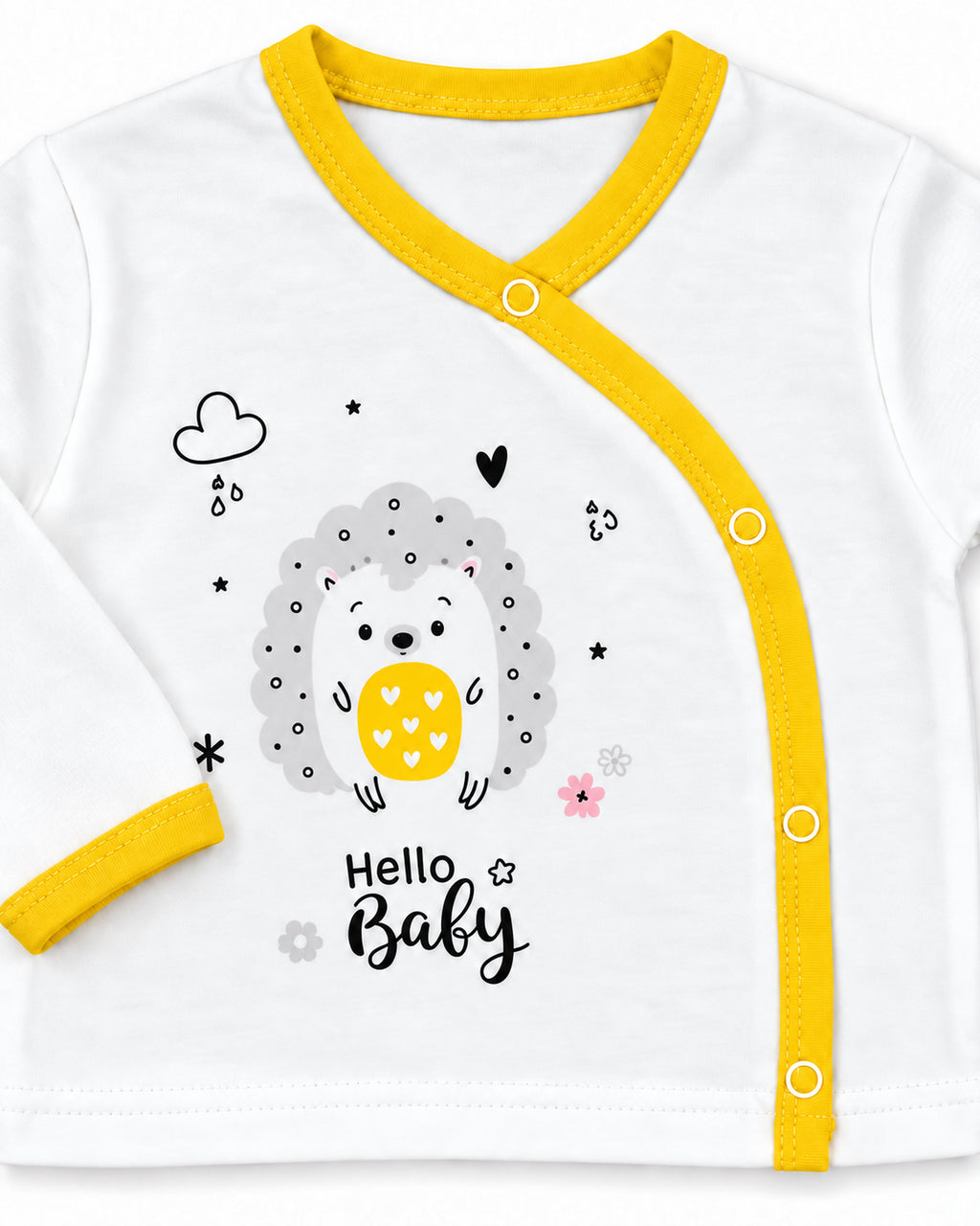 Baby Dream yellow hedgehog baby set, wrap top, hedgehog print and snap detail