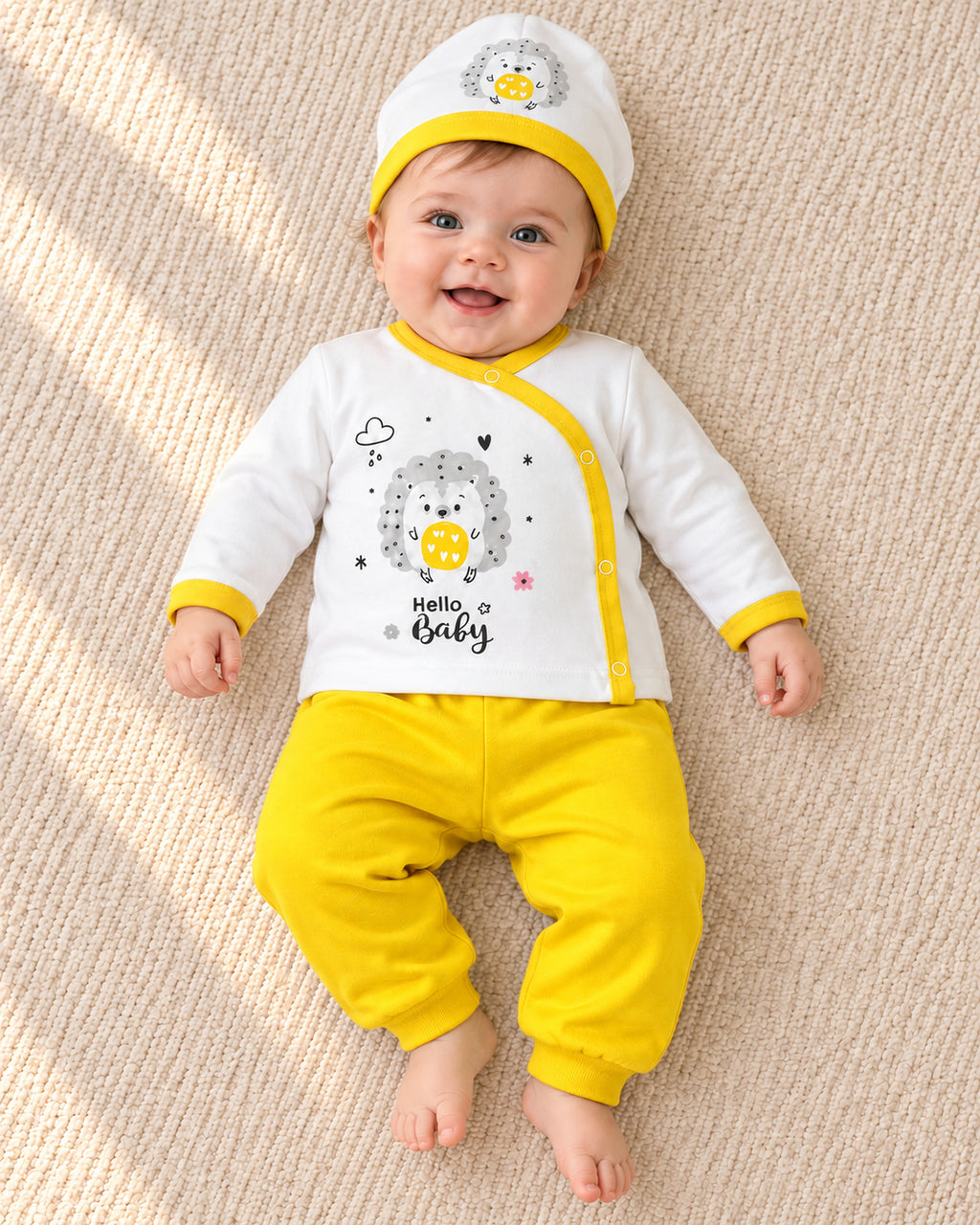 Baby Dream yellow hedgehog baby set, baby wearing the complete set
