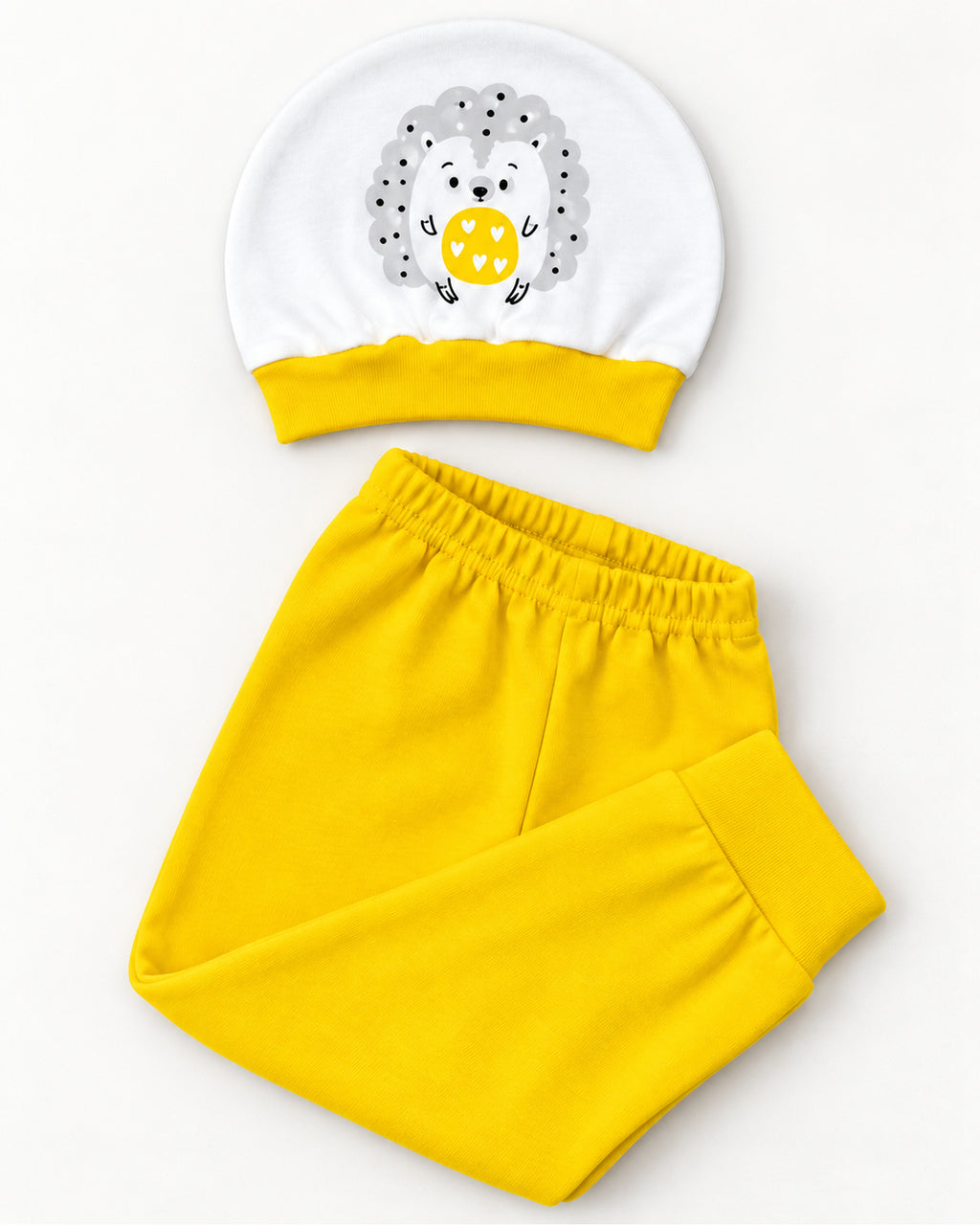 Yellow baby set hedgehog hat and matching trousers elastic waist and ankle cuff detail