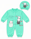 Baby Dream mint cat sleepsuit and hat set, complete two-piece set