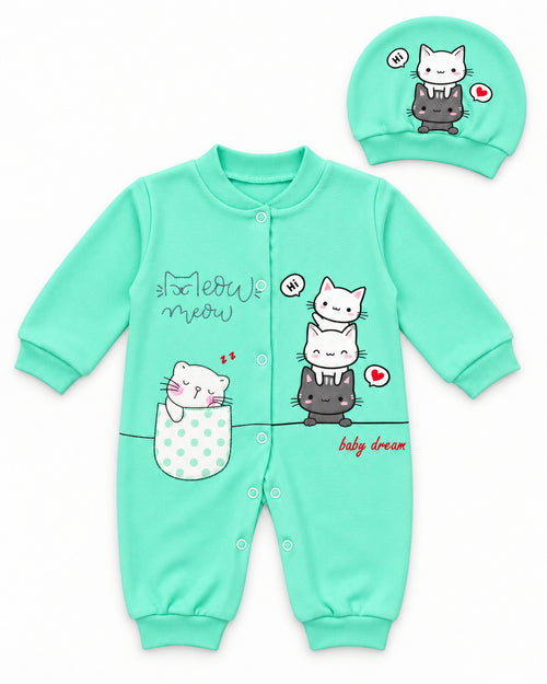 Baby Dream mint cat sleepsuit and hat set, complete two-piece set