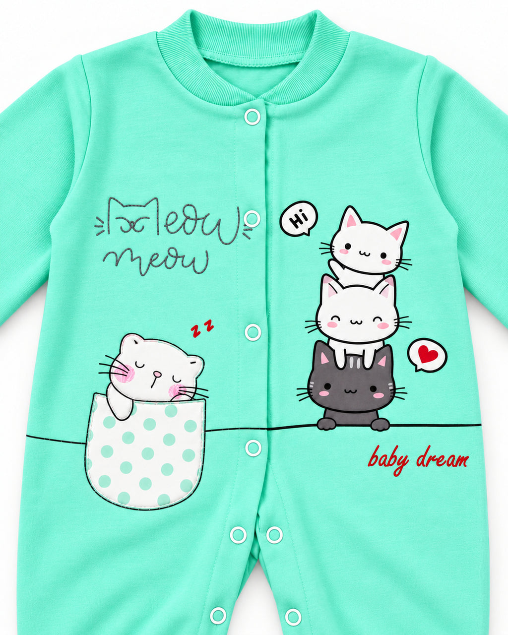 Baby Dream mint cat sleepsuit and hat set, front snaps and cat print detail