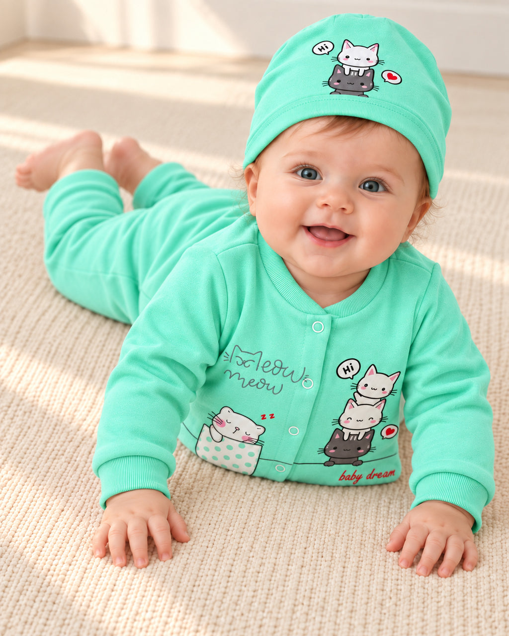 Baby Dream mint cat sleepsuit and hat set, second baby wearing view