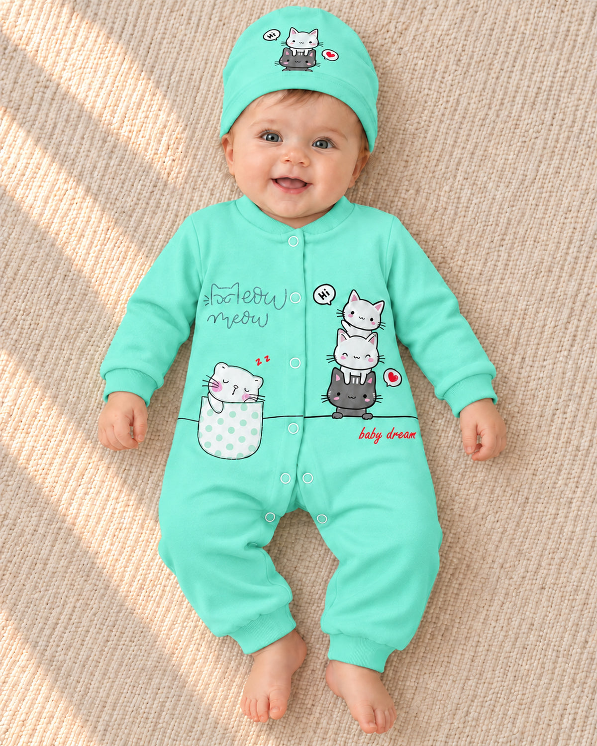 Baby Dream mint cat sleepsuit and hat set, baby wearing the complete outfit