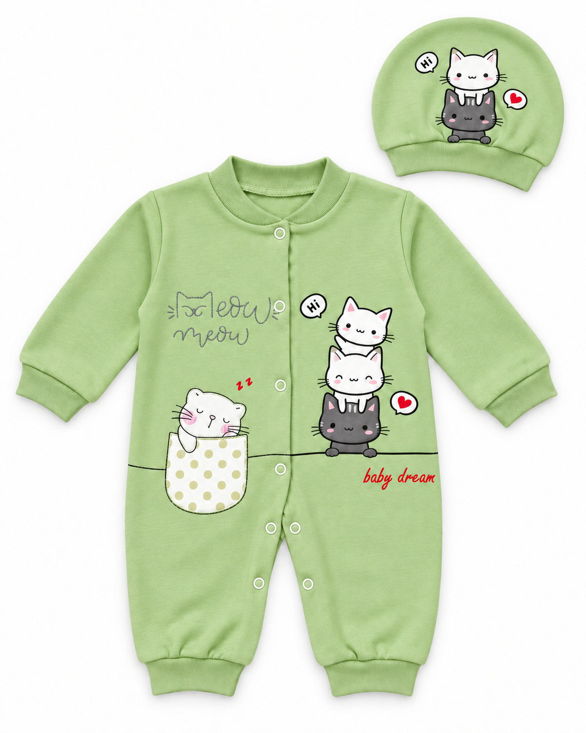 Baby Dream pistachio cat sleepsuit and hat set, complete two-piece set