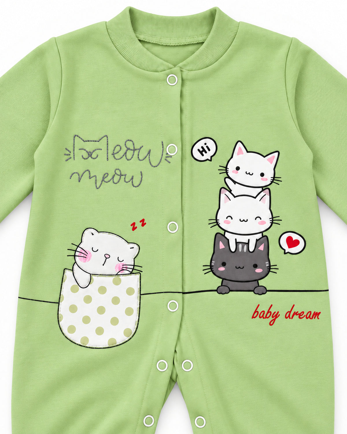 Baby Dream pistachio cat sleepsuit and hat set, front snaps and cat print detail