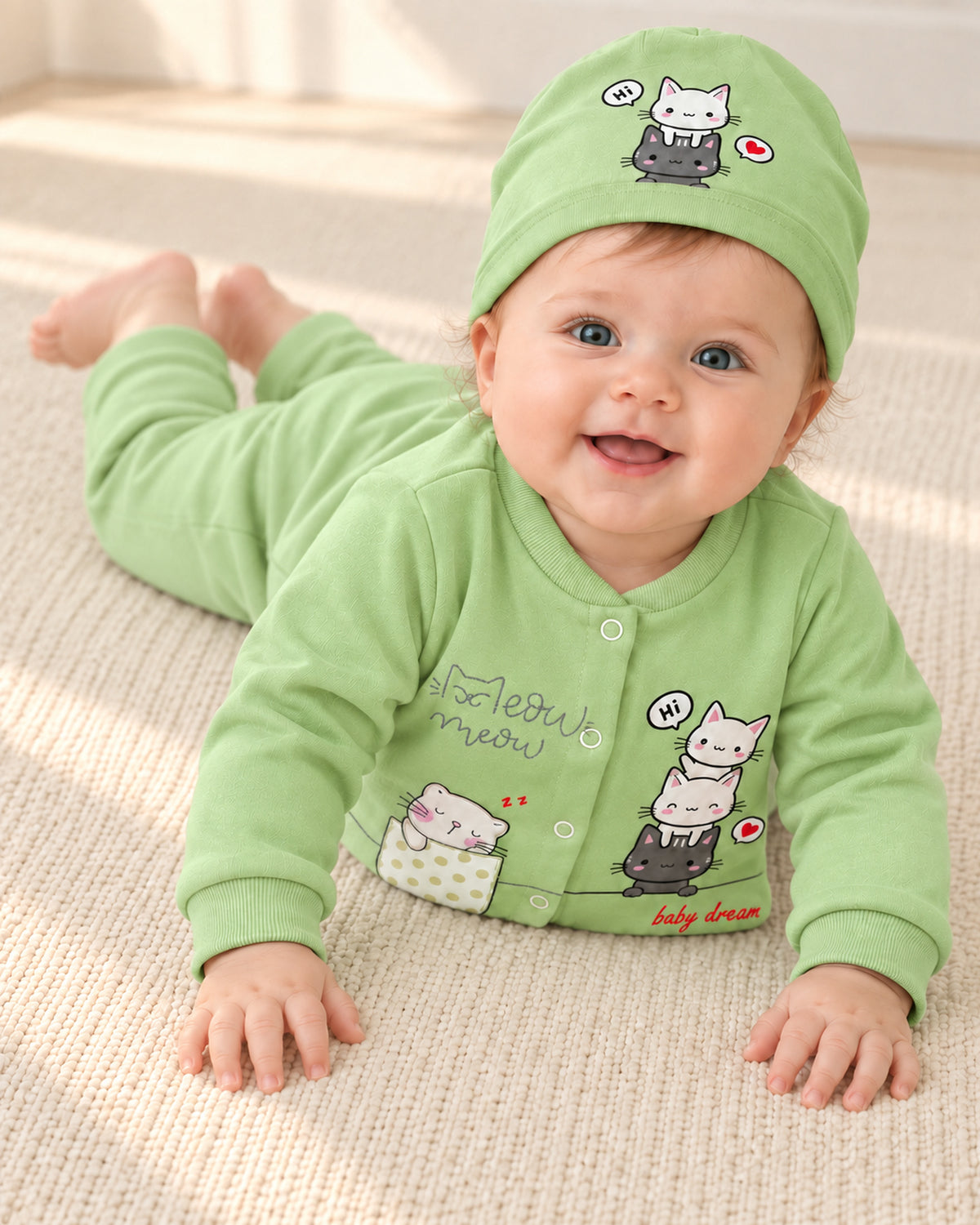 Baby Dream pistachio cat sleepsuit and hat set, second baby wearing view