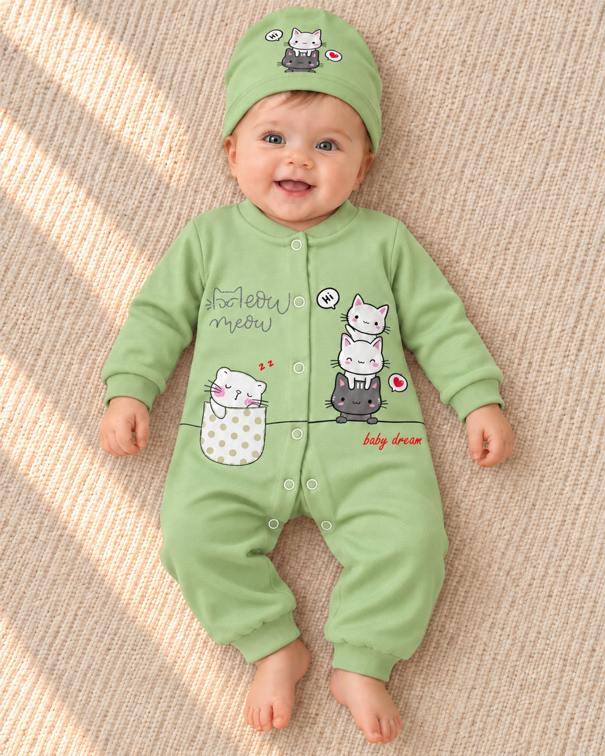 Baby Dream pistachio cat sleepsuit and hat set, baby wearing the complete outfit