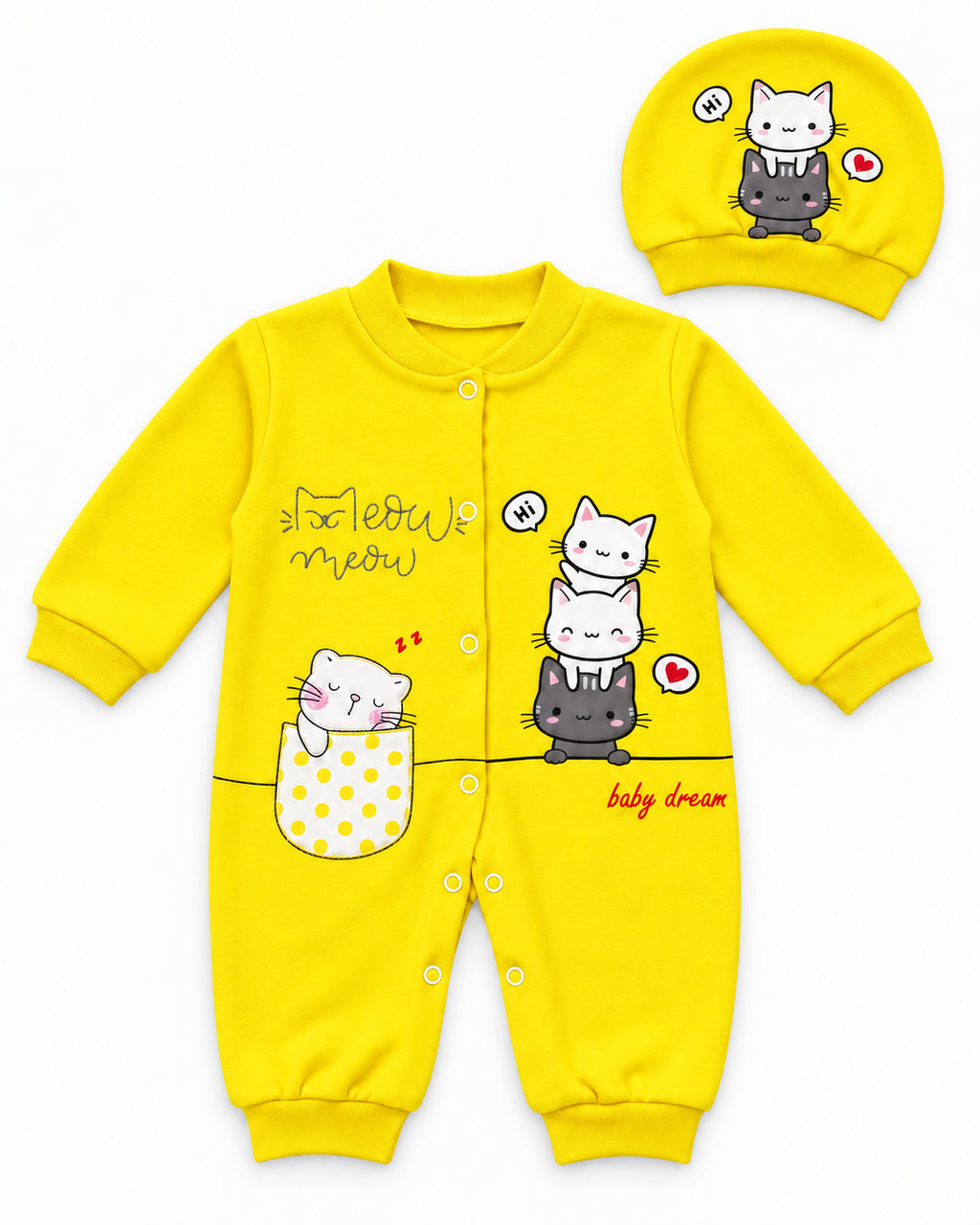 Baby Dream yellow cat sleepsuit and hat set, complete two-piece set