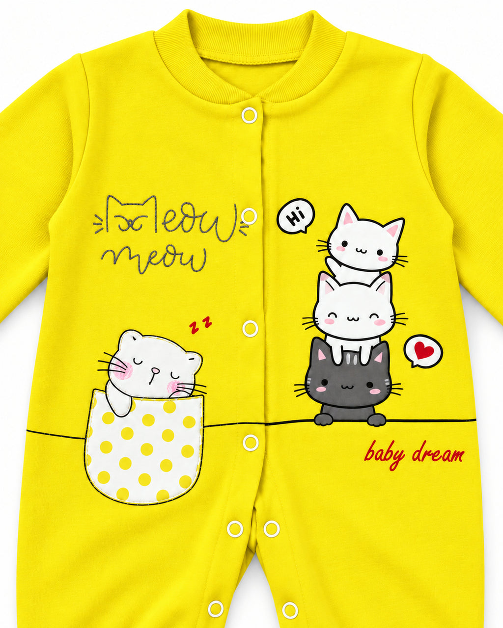 Baby Dream yellow cat sleepsuit and hat set, front snaps and cat print detail