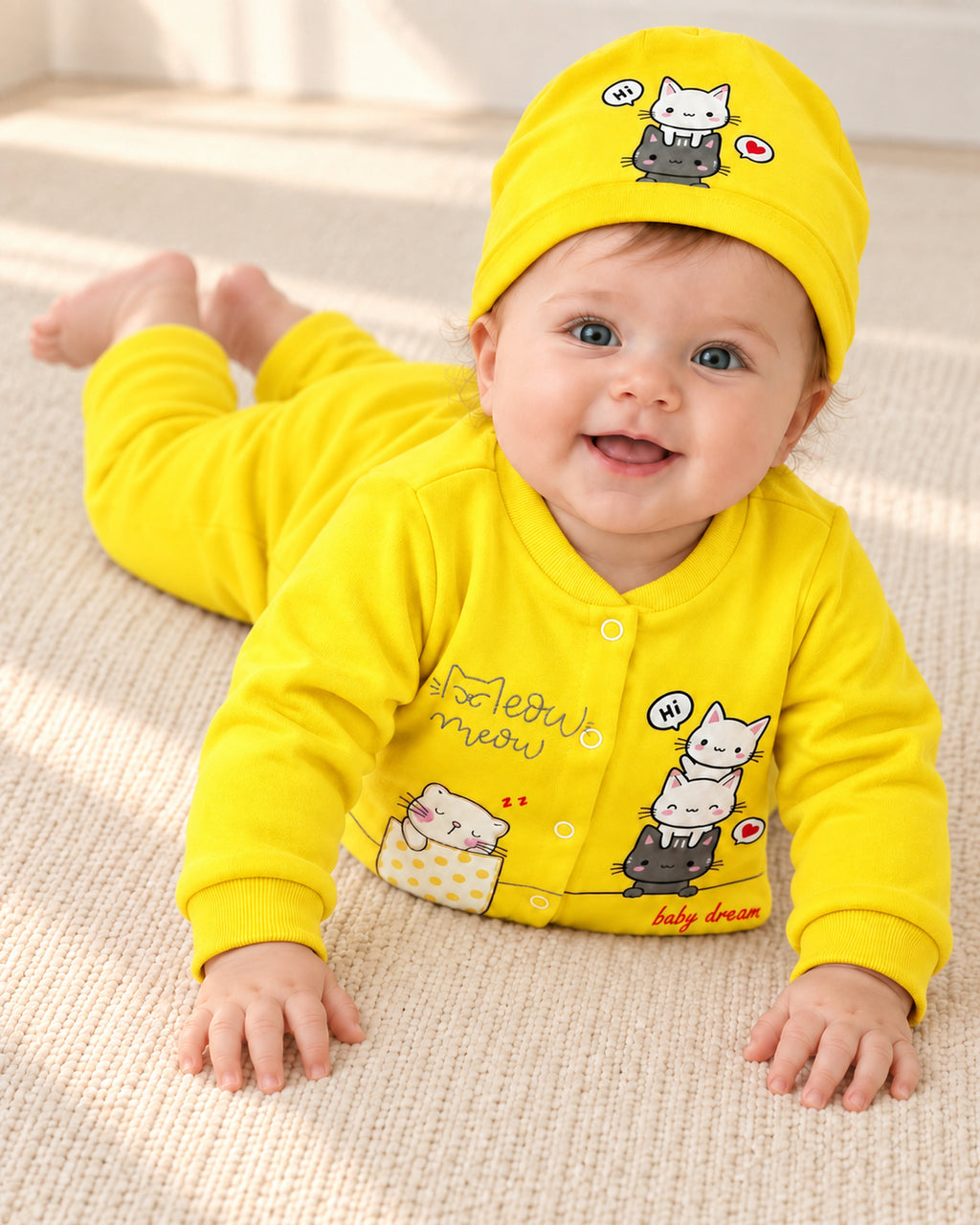 Baby Dream yellow cat sleepsuit and hat set, second baby wearing view