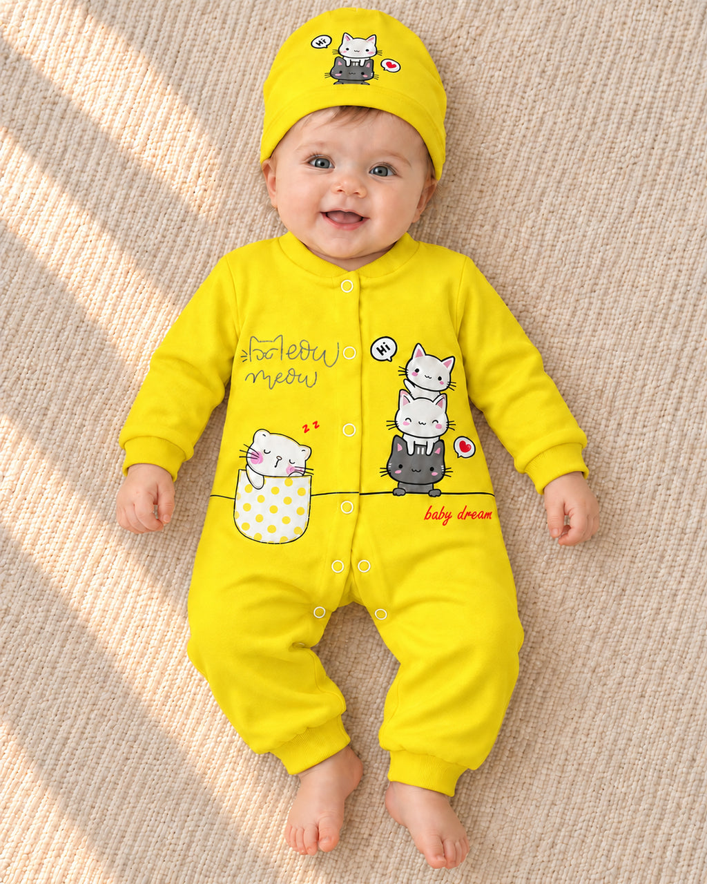 Baby Dream yellow cat sleepsuit and hat set, baby wearing the complete outfit