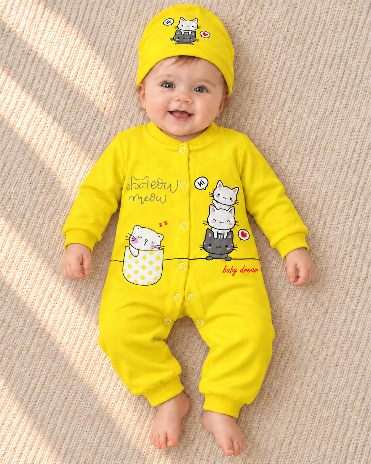 Baby Dream yellow cat sleepsuit and hat set, baby wearing the complete outfit