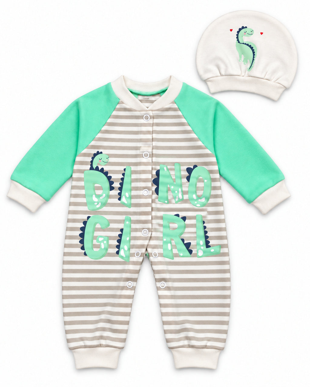 Baby Dream pistachio dinosaur sleepsuit and hat set, complete two-piece set