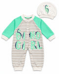 Baby Dream pistachio dinosaur sleepsuit and hat set, complete two-piece set