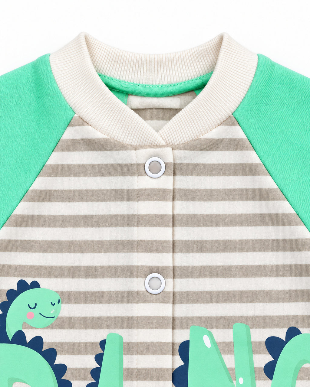 Baby Dream pistachio dinosaur sleepsuit and hat set, neckline and front snap detail