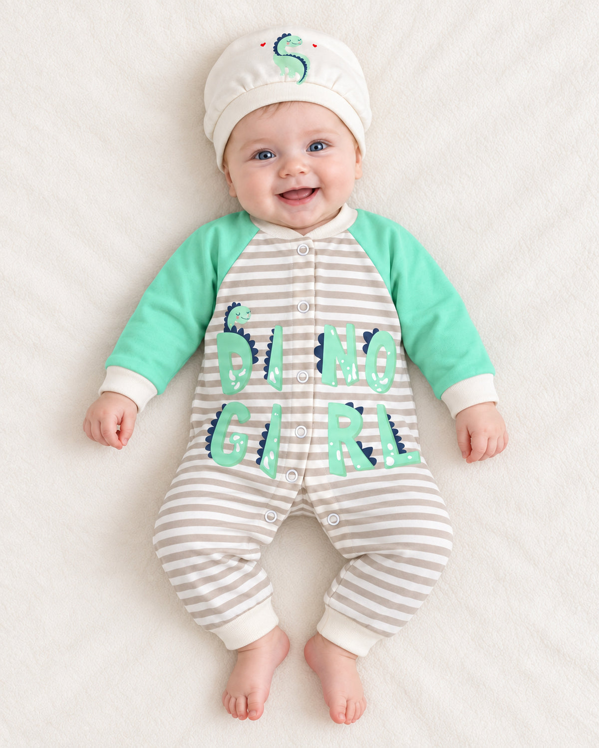 Baby Dream pistachio dinosaur sleepsuit and hat set, baby wearing the complete outfit
